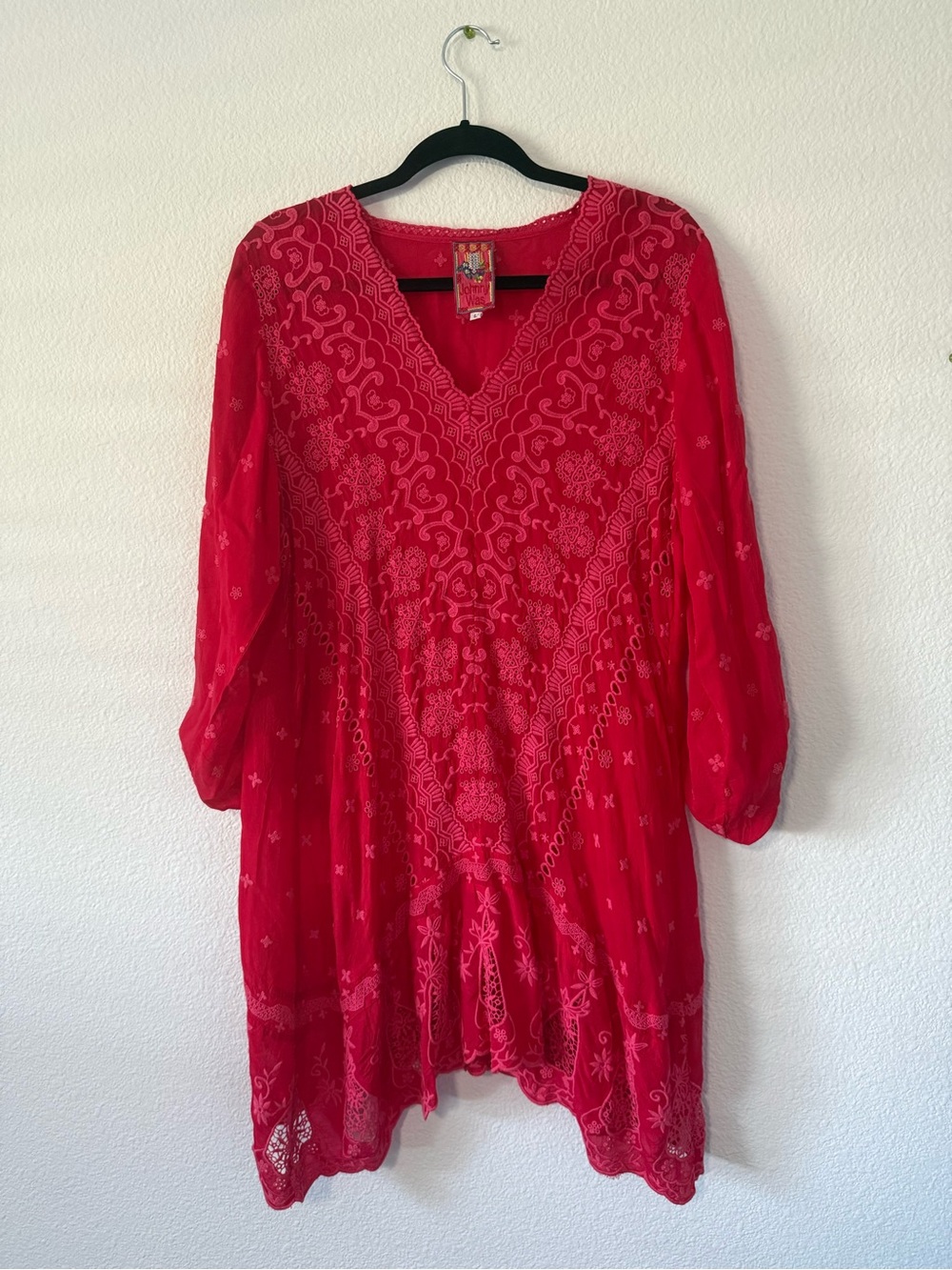 Johnny Was Red Embroidered V-Neck Tunic V1